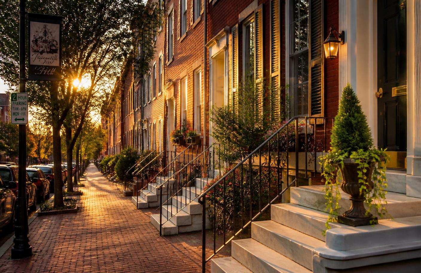A tree-lined Baltimore rowhouse street with marble steps in warm evening light