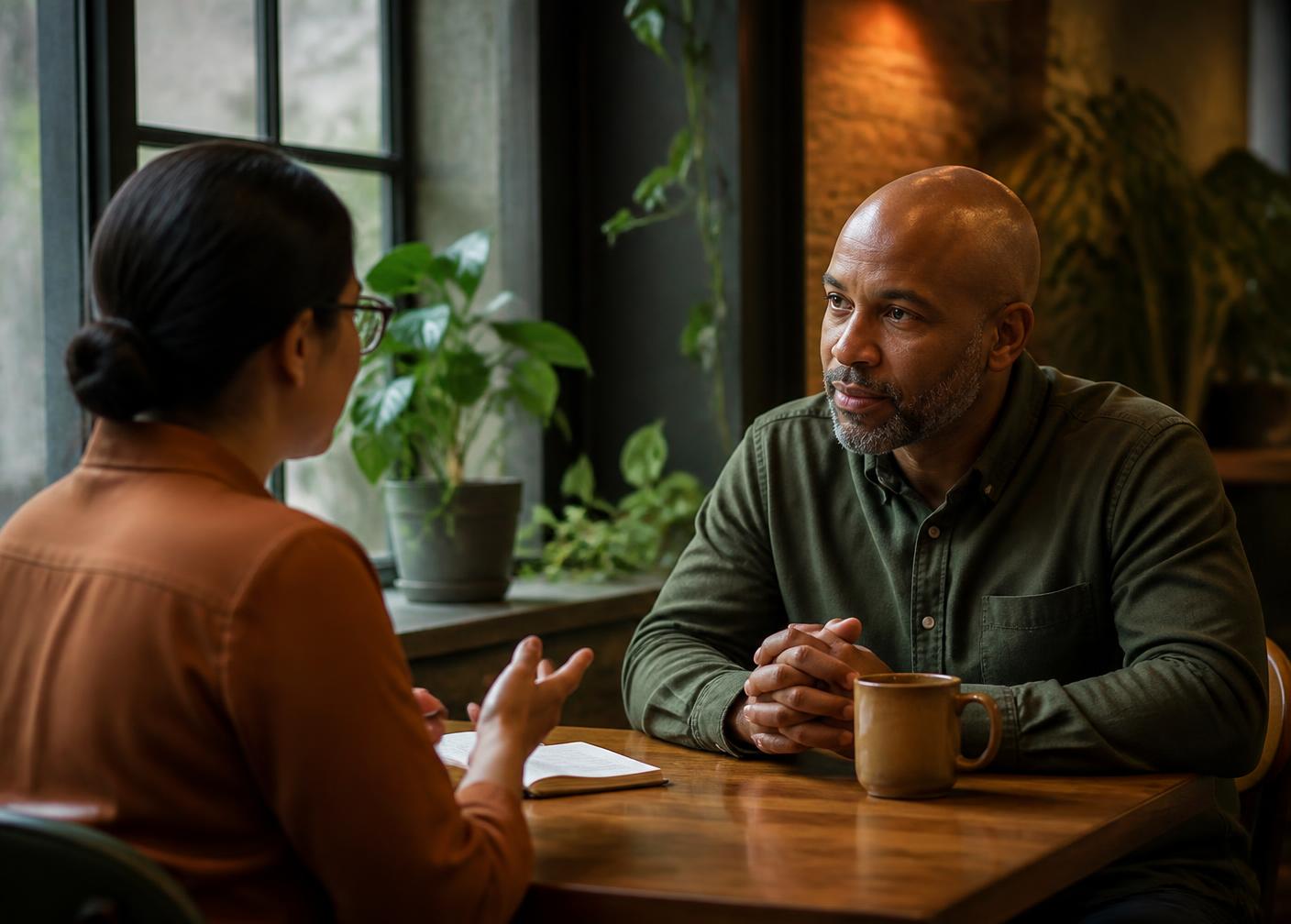An adult in conversation with a counselor at a table in a quiet, plant-filled room