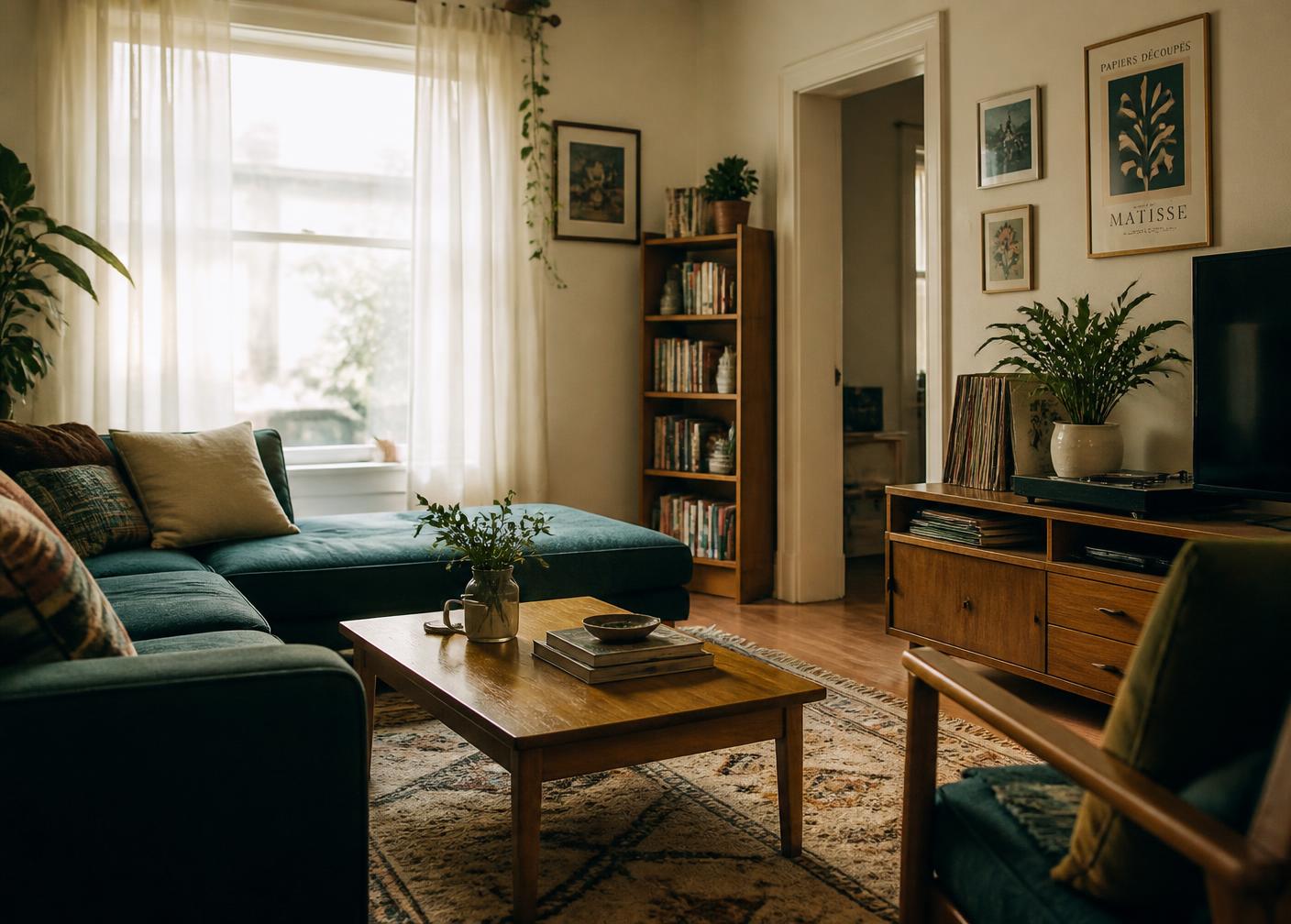 A calm, homelike shared living room with warm light, plants, and comfortable seating